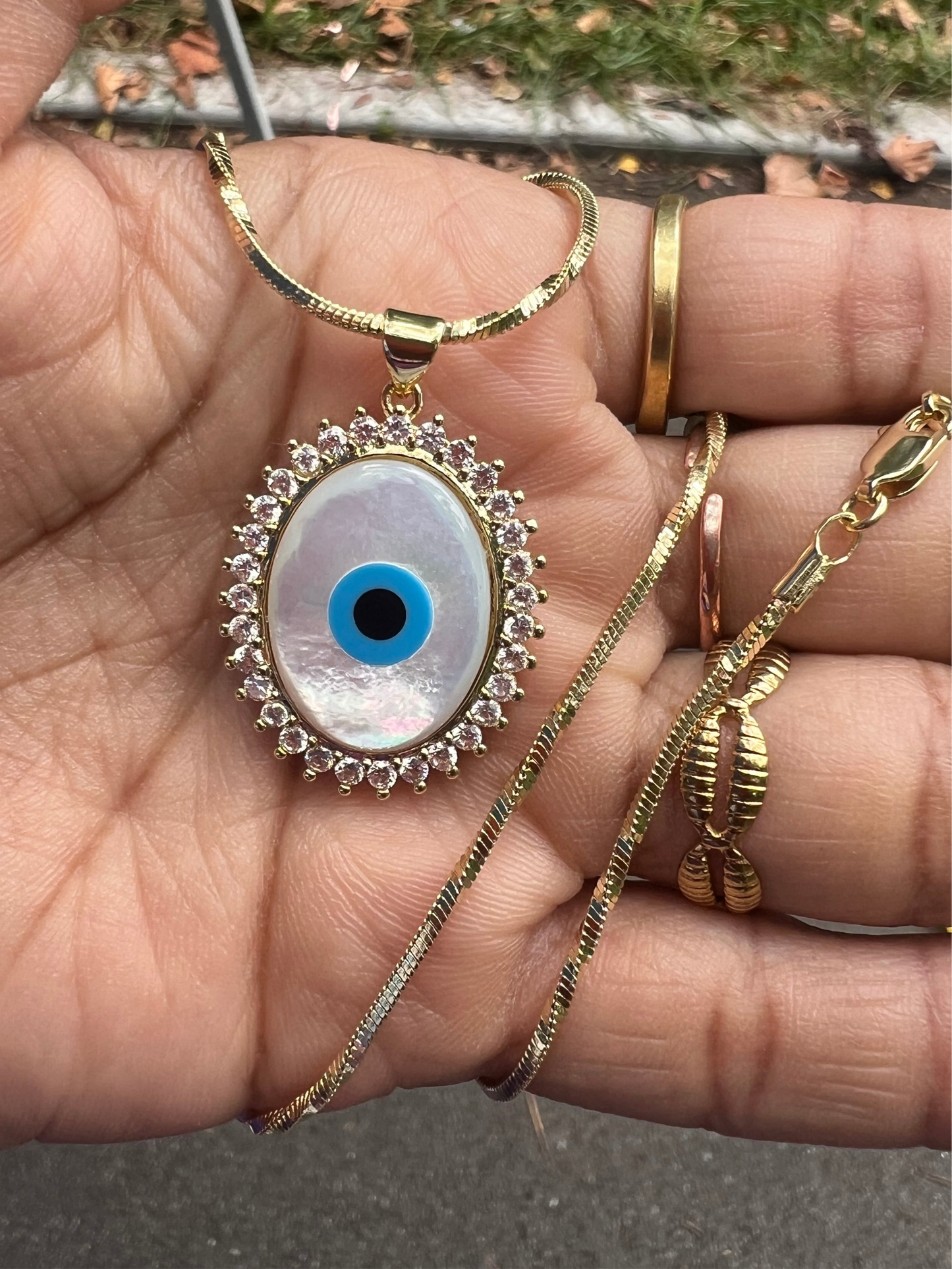 Oval Pearl Evil Eye Necklace