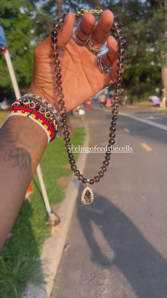 Smokey Quartz Dropping Love Beaded Necklace